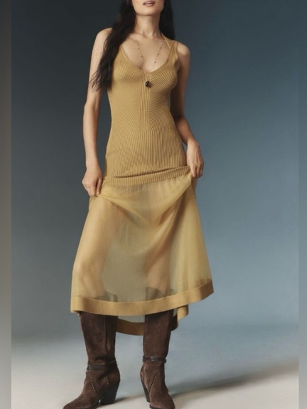 Anthropologie Sheer Panel Gold Sweater Dress Sz M NWT - Picture 3 of 6